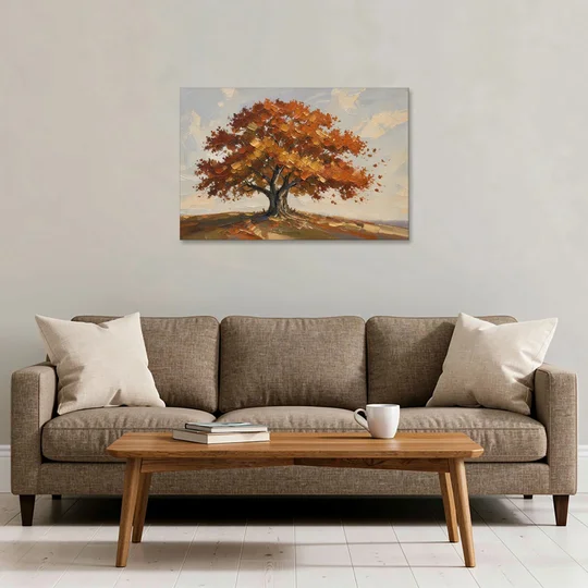 Autumn Tree Painting with Windblown Oak Leaves - Canvas Wall Art - Sofa - 36x24