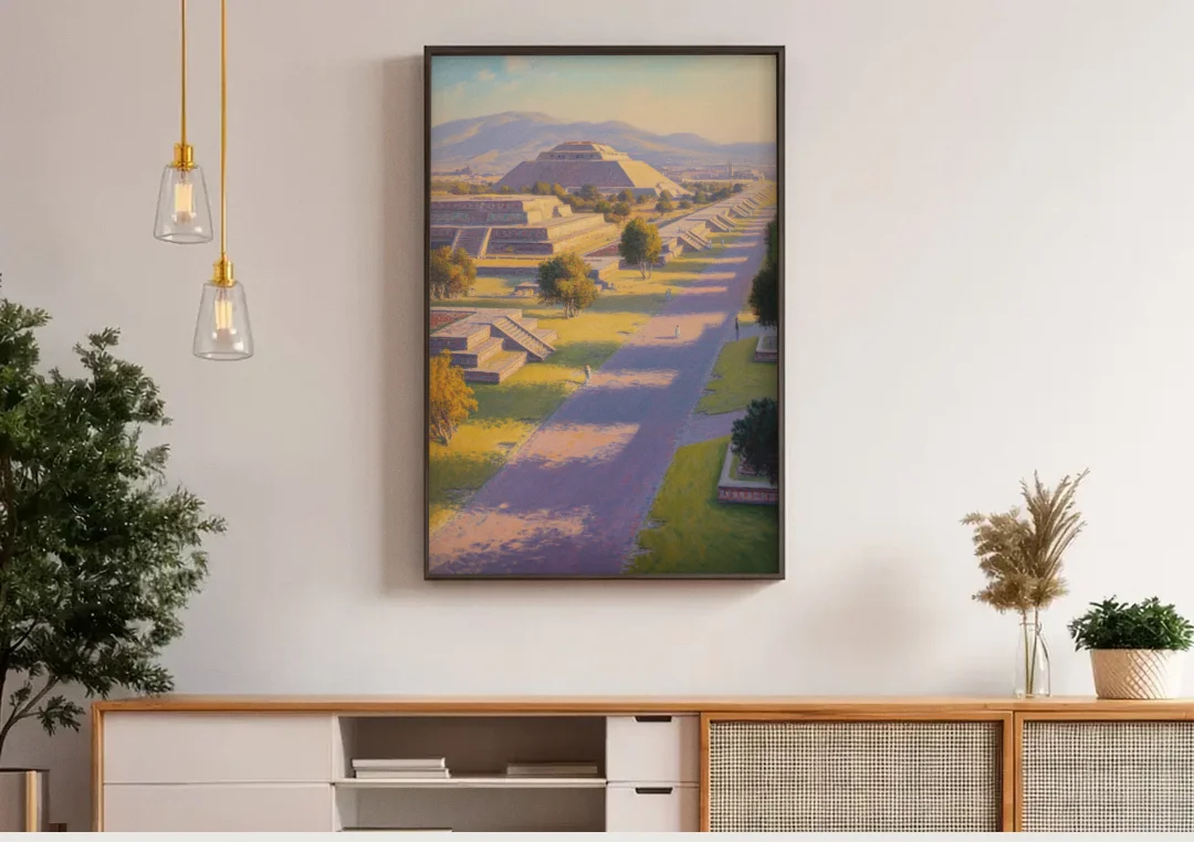 Avenue of the Dead canvas wall art above a wooden sideboard under pendant lights