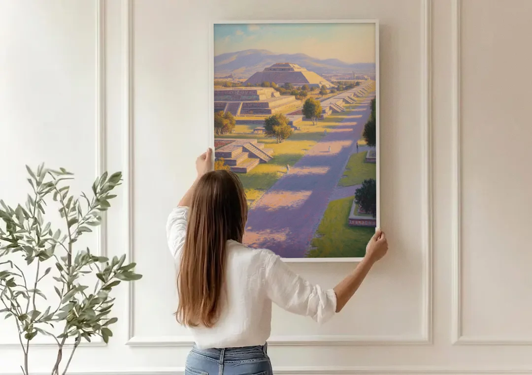 Avenue of the Dead canvas wall art being hung on a paneled wall