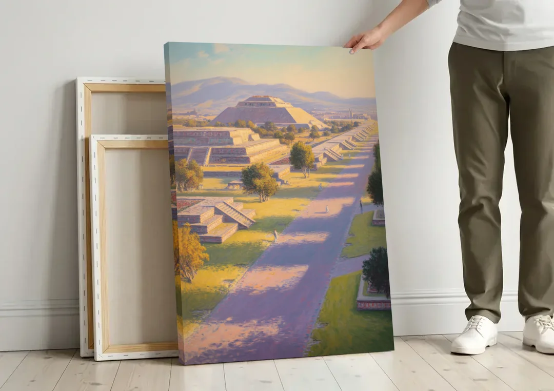 Avenue of the Dead canvas wall art leaning against a wall next to blank canvases