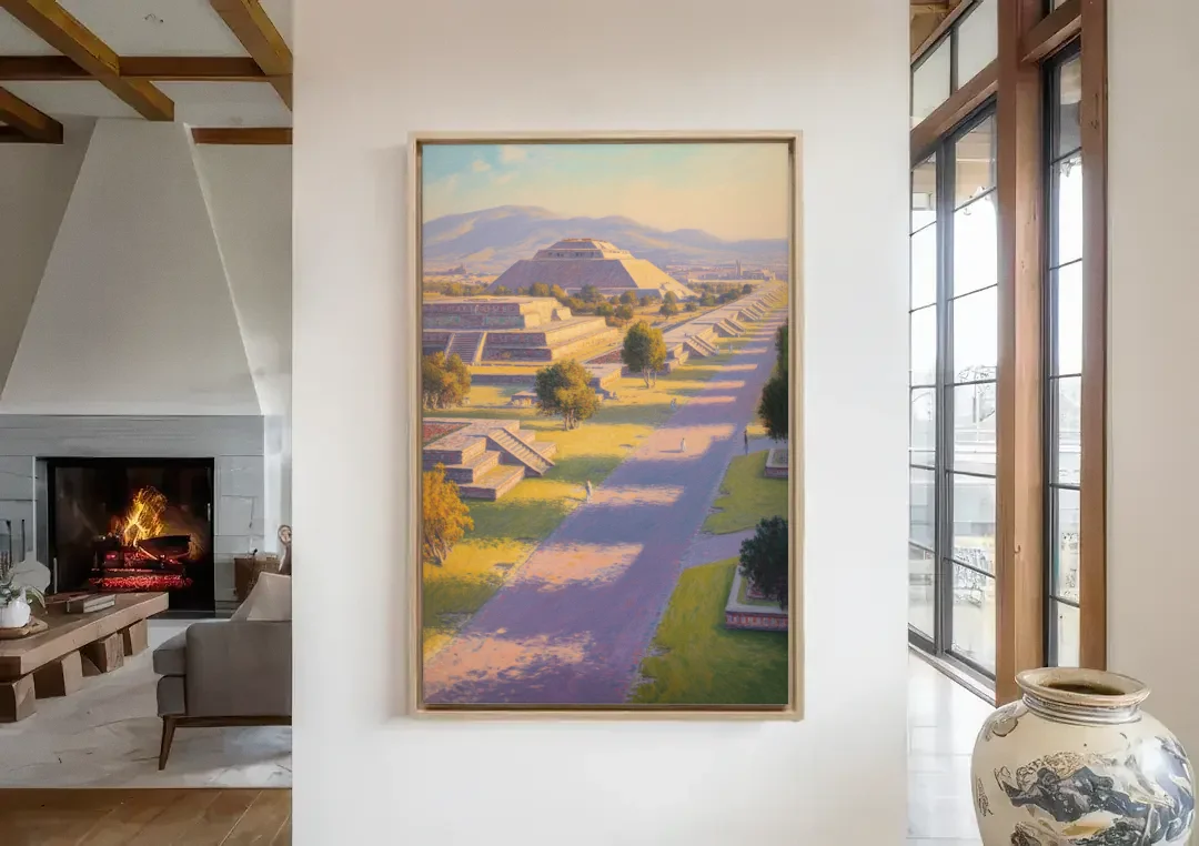 Avenue of the Dead canvas wall art in a living room with a fireplace