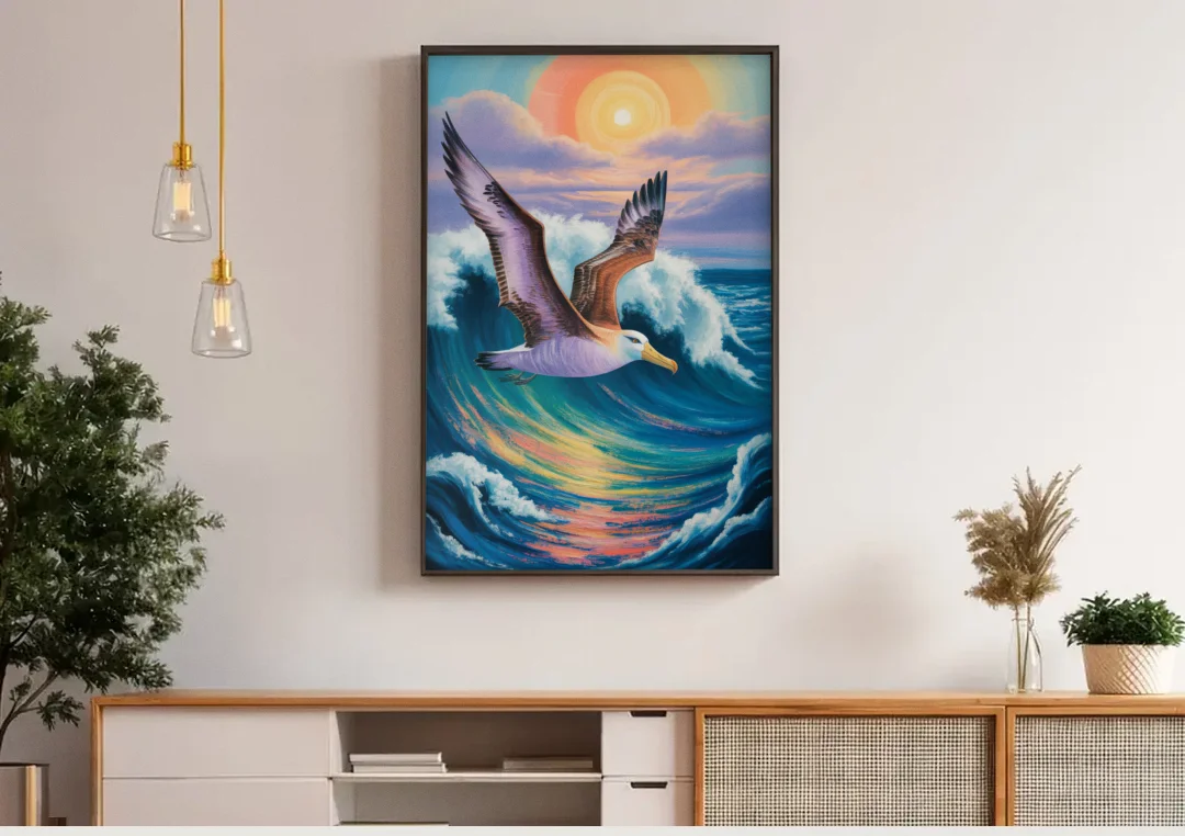 Awe-Inspiring Albatross Ascend canvas wall art above a wooden sideboard under pendant lights