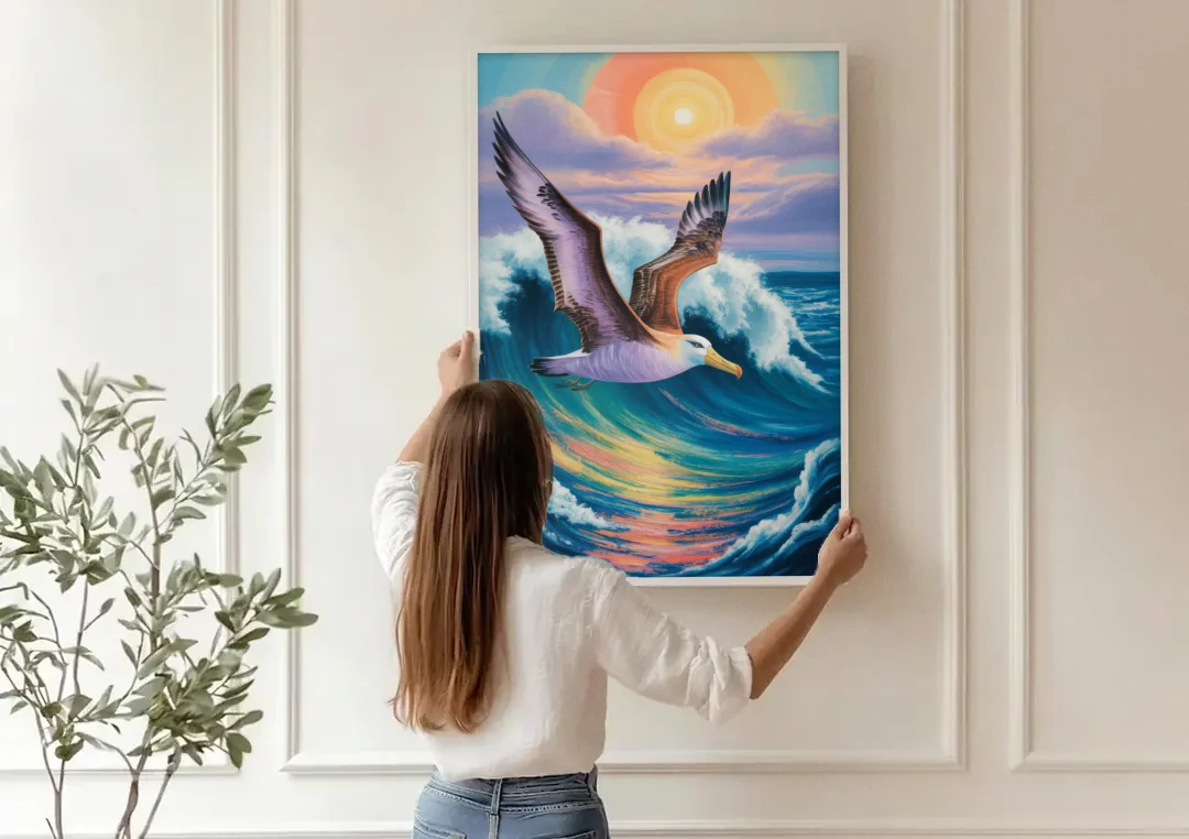 Awe-Inspiring Albatross Ascend canvas wall art being hung on a paneled wall
