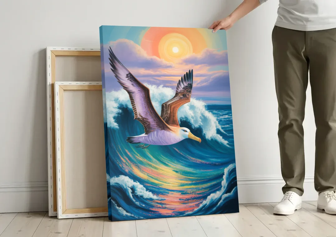 Awe-Inspiring Albatross Ascend canvas wall art leaning against a wall next to blank canvases