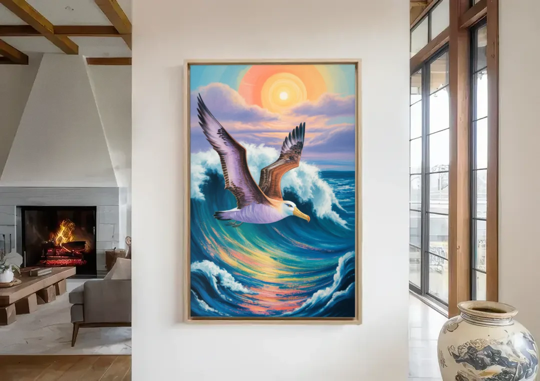 Awe-Inspiring Albatross Ascend canvas wall art in a living room with a fireplace