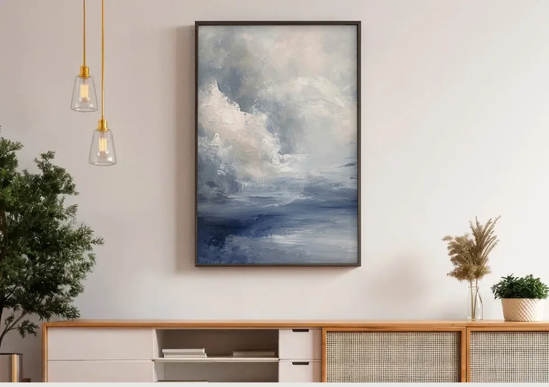 Azure Veil I canvas wall art above a wooden sideboard under pendant lights