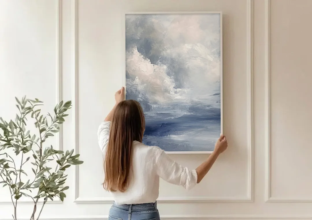 Azure Veil I canvas wall art being hung on a paneled wall