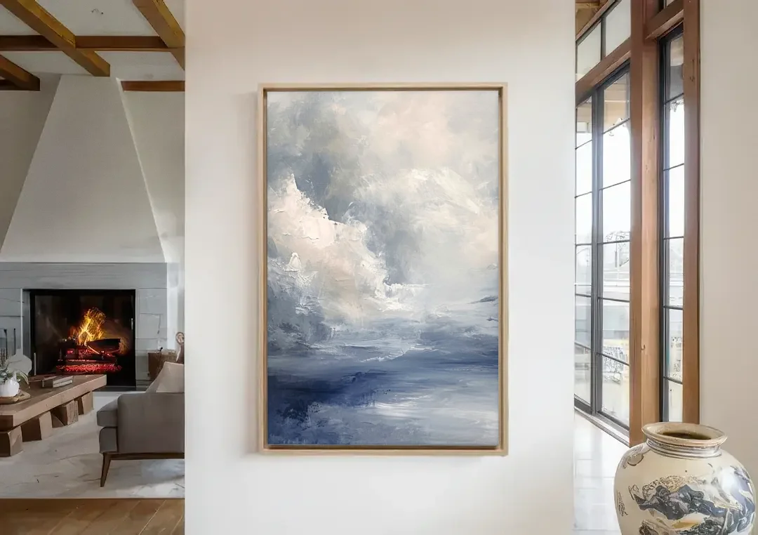 Azure Veil I canvas wall art in a living room with a fireplace