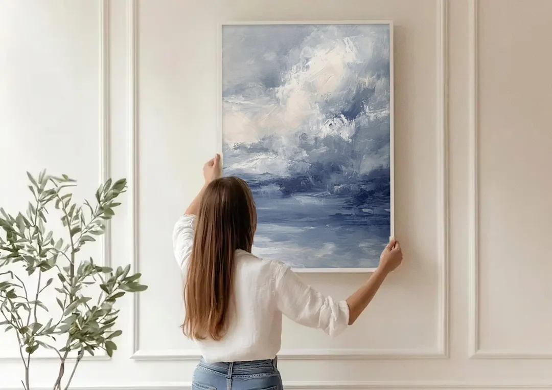 Azure Veil II canvas wall art being hung on a paneled wall
