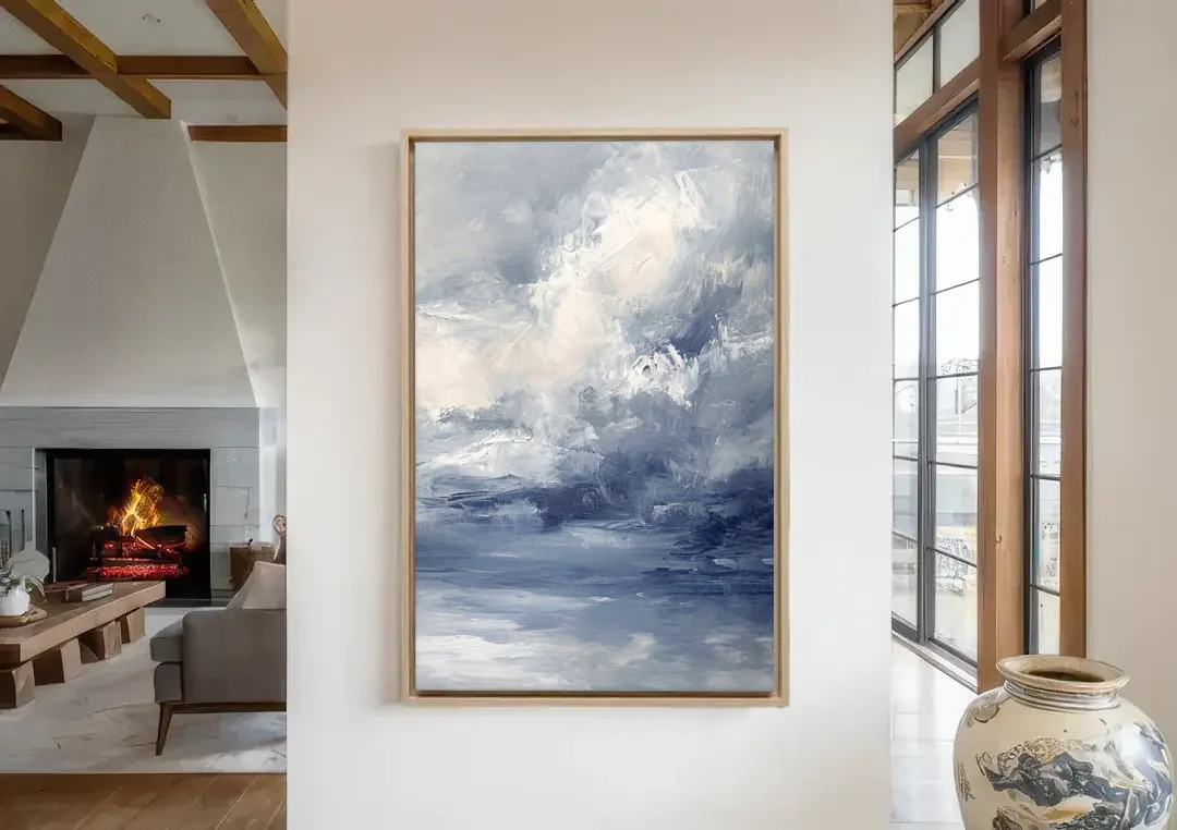 Azure Veil II canvas wall art in a living room with a fireplace