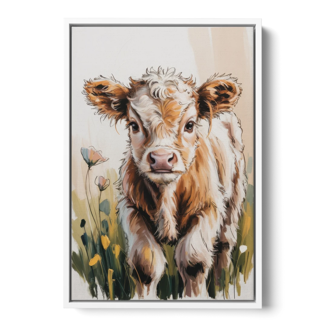 Baby Highland Calf - White Framed Canvas Wall Art - Front