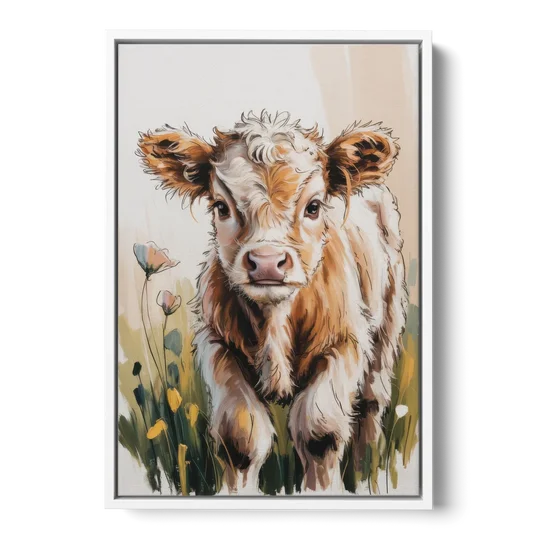 Baby Highland Calf - White Framed Canvas Wall Art - Front