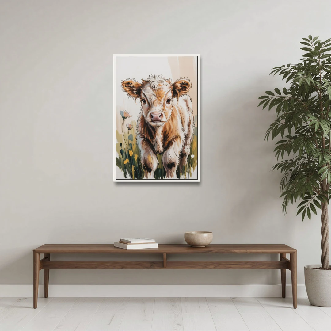 Baby Highland Calf - White Framed Canvas Wall Art - Coffee Table - 24x36