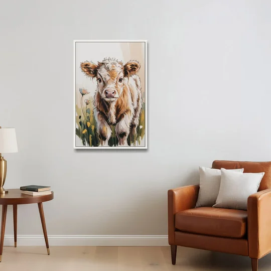 Baby Highland Calf - White Framed Canvas Wall Art - Sofa - 24x36