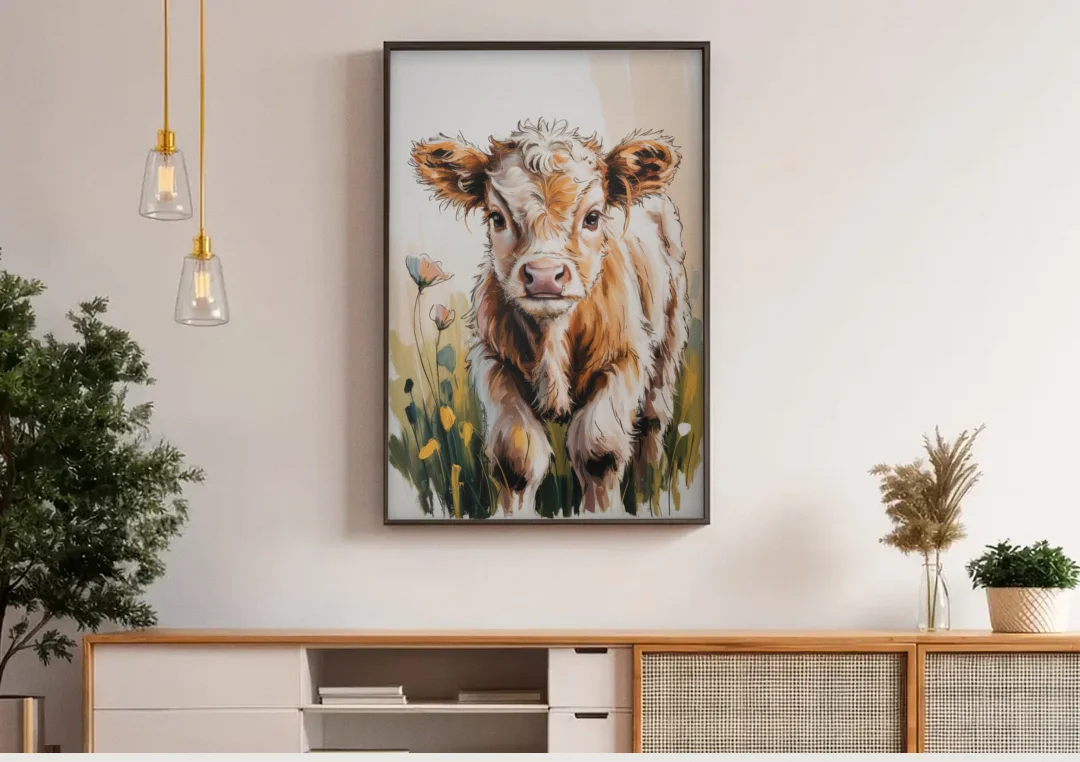 Baby Highland Calf canvas wall art above a wooden sideboard under pendant lights