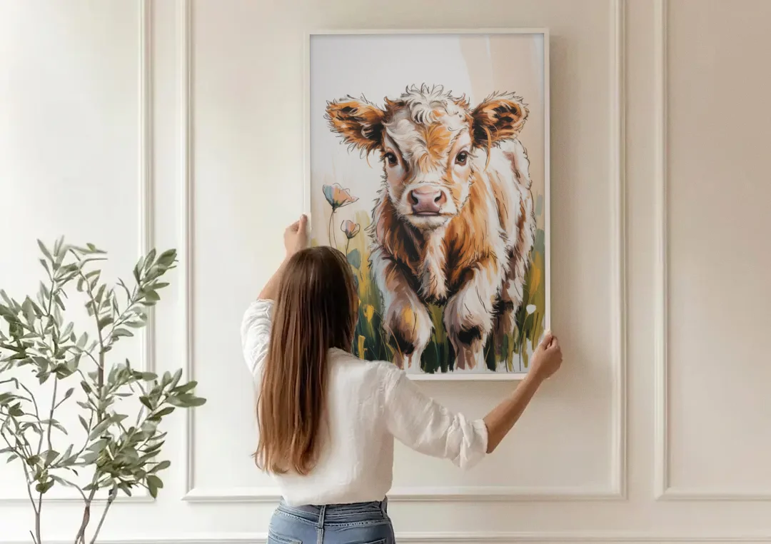 Baby Highland Calf canvas wall art being hung on a paneled wall