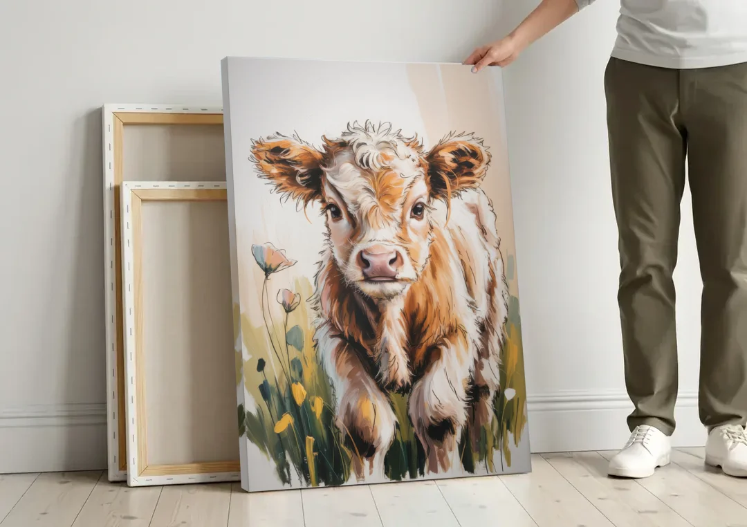 Baby Highland Calf canvas wall art leaning against a wall next to blank canvases