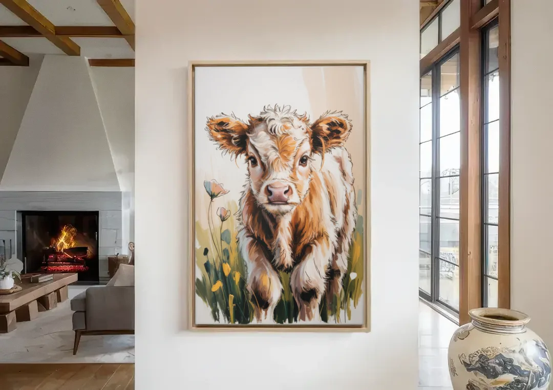 Baby Highland Calf canvas wall art in a living room with a fireplace
