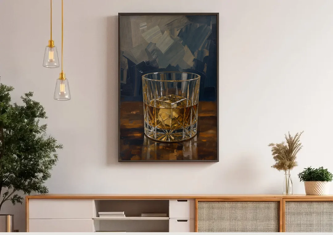Bachelor Pad Wall Art Whiskey on the Rocks canvas wall art above a wooden sideboard under pendant lights