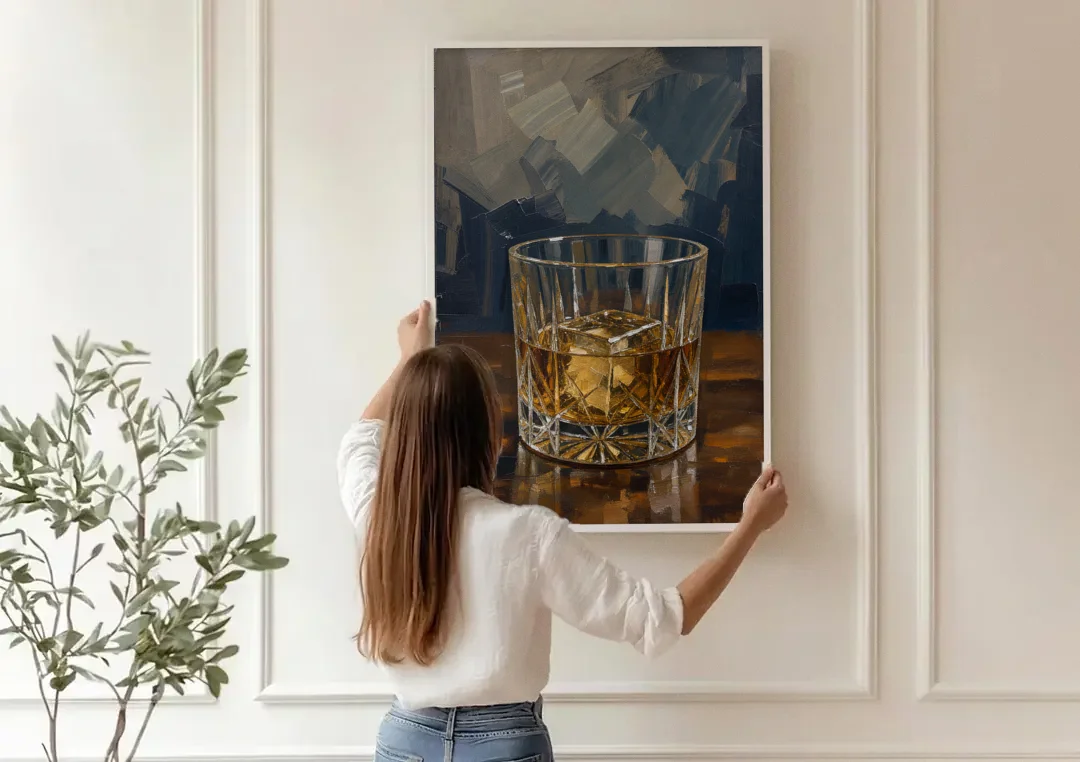 Bachelor Pad Wall Art Whiskey on the Rocks canvas wall art being hung on a paneled wall