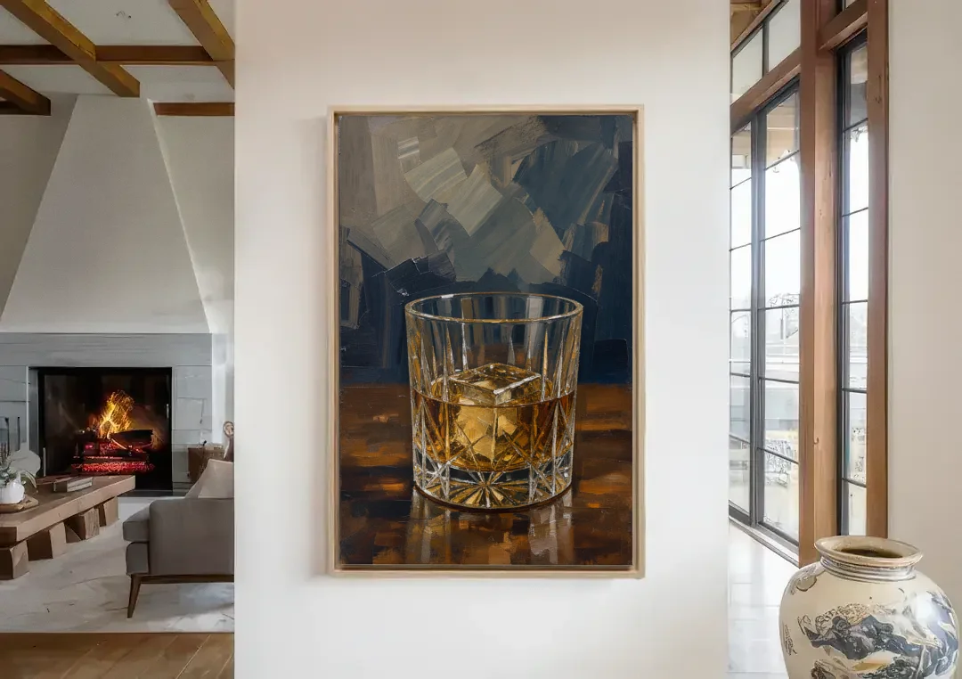 Bachelor Pad Wall Art Whiskey on the Rocks canvas wall art in a living room with a fireplace