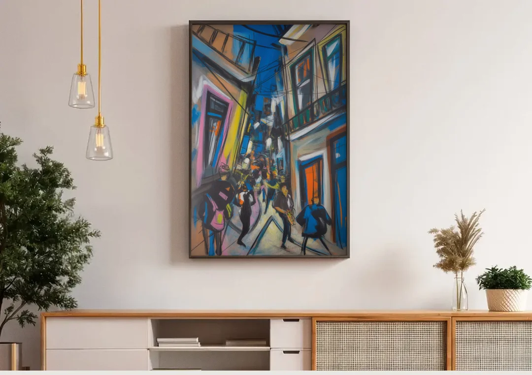 Bairro Alto Vibes canvas wall art above a wooden sideboard under pendant lights