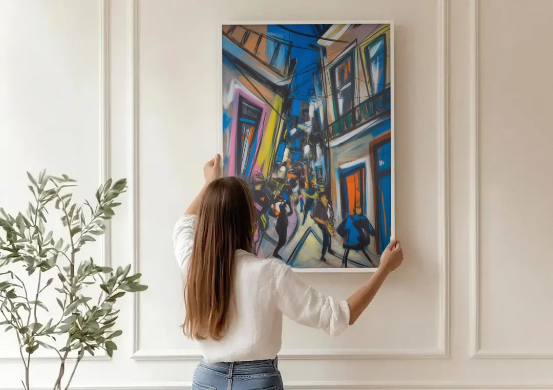Bairro Alto Vibes canvas wall art being hung on a paneled wall
