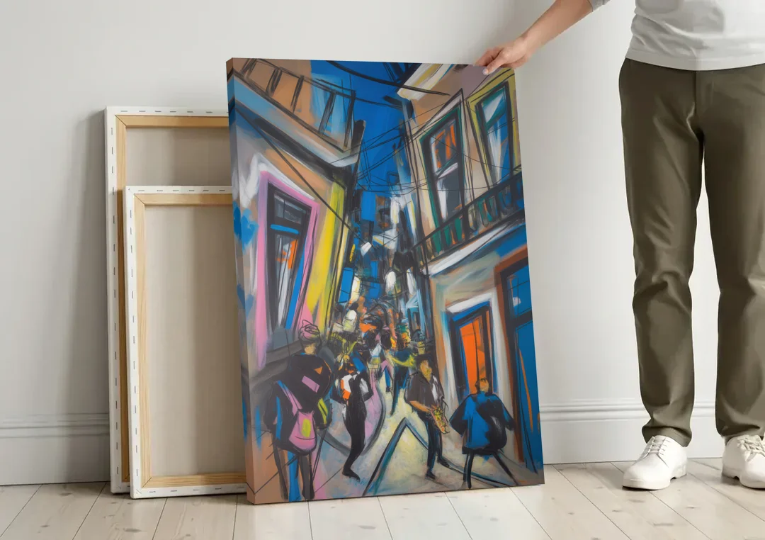 Bairro Alto Vibes canvas wall art leaning against a wall next to blank canvases