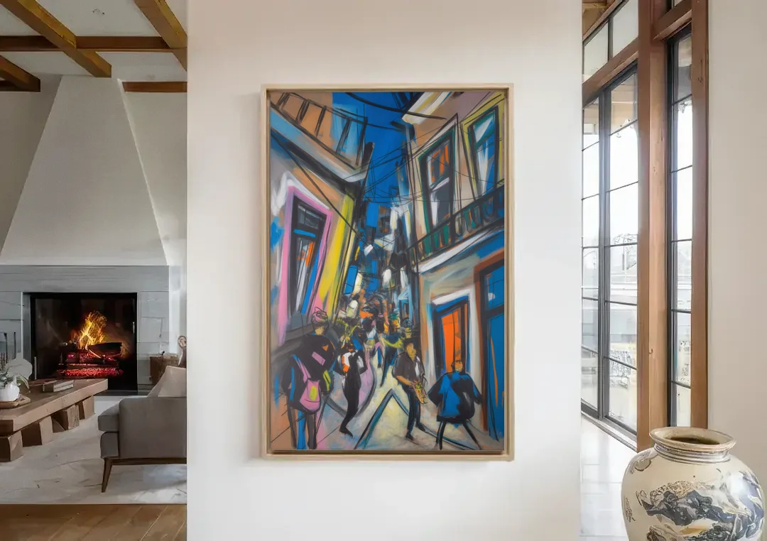 Bairro Alto Vibes canvas wall art in a living room with a fireplace