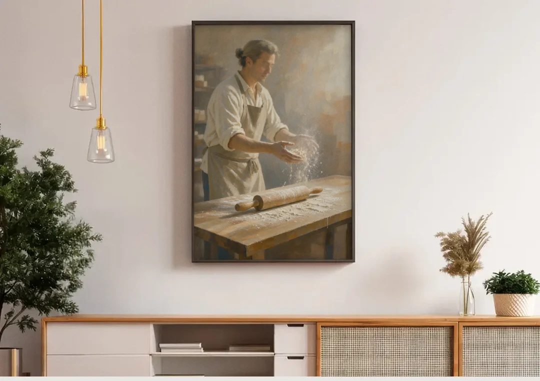 Bakery Decor Flour Toss Over the Rolling Pin canvas wall art above a wooden sideboard under pendant lights