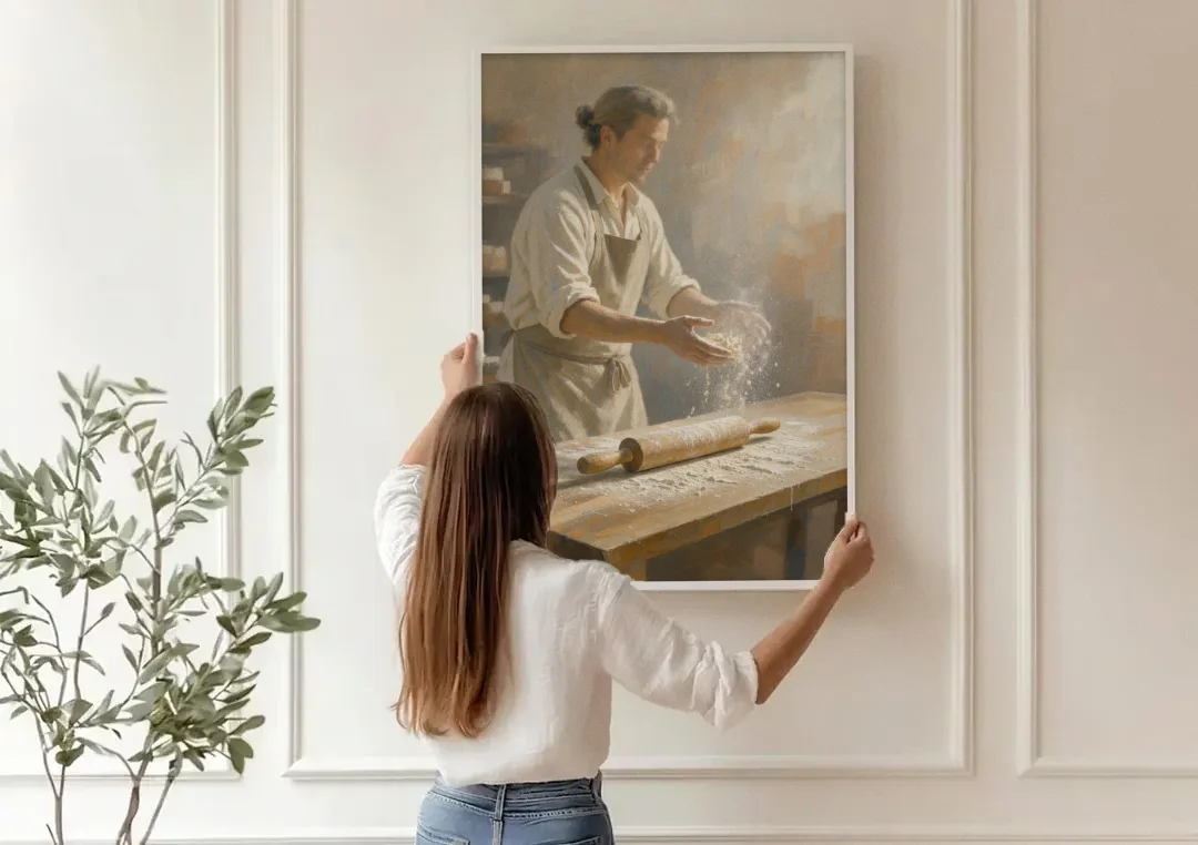 Bakery Decor Flour Toss Over the Rolling Pin canvas wall art being hung on a paneled wall