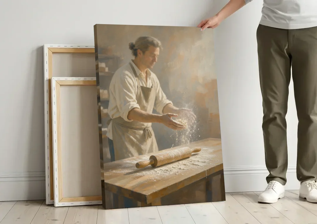 Bakery Decor Flour Toss Over the Rolling Pin canvas wall art leaning against a wall next to blank canvases