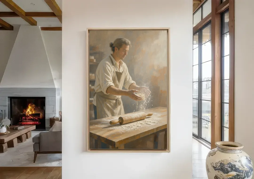 Bakery Decor Flour Toss Over the Rolling Pin canvas wall art in a living room with a fireplace
