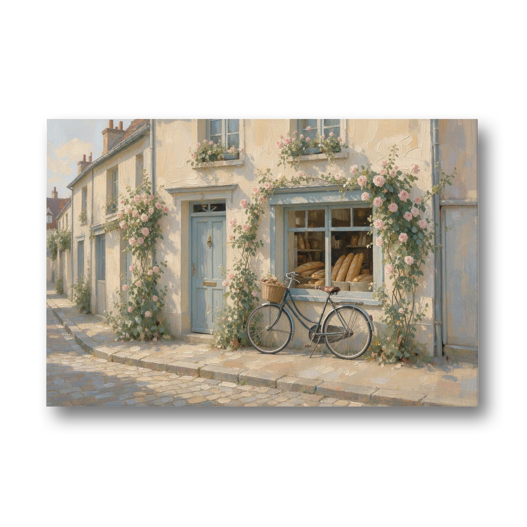 Bakery Painting with Roses and Vintage Bicycle - Canvas Wall Art - Front