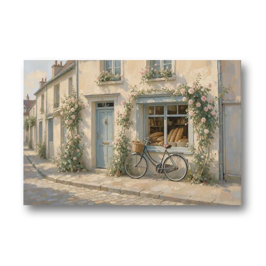 Bakery Painting with Roses and Vintage Bicycle - Canvas Wall Art - Front