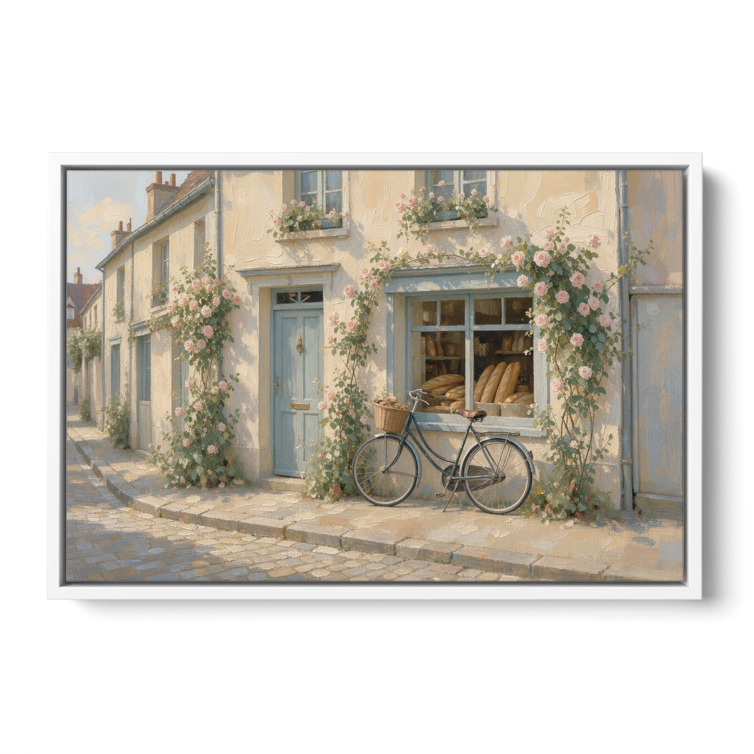 Bakery Painting with Roses and Vintage Bicycle - White Framed Canvas Wall Art - Front