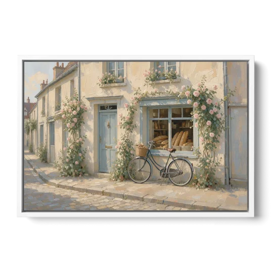Bakery Painting with Roses and Vintage Bicycle - White Framed Canvas Wall Art - Front