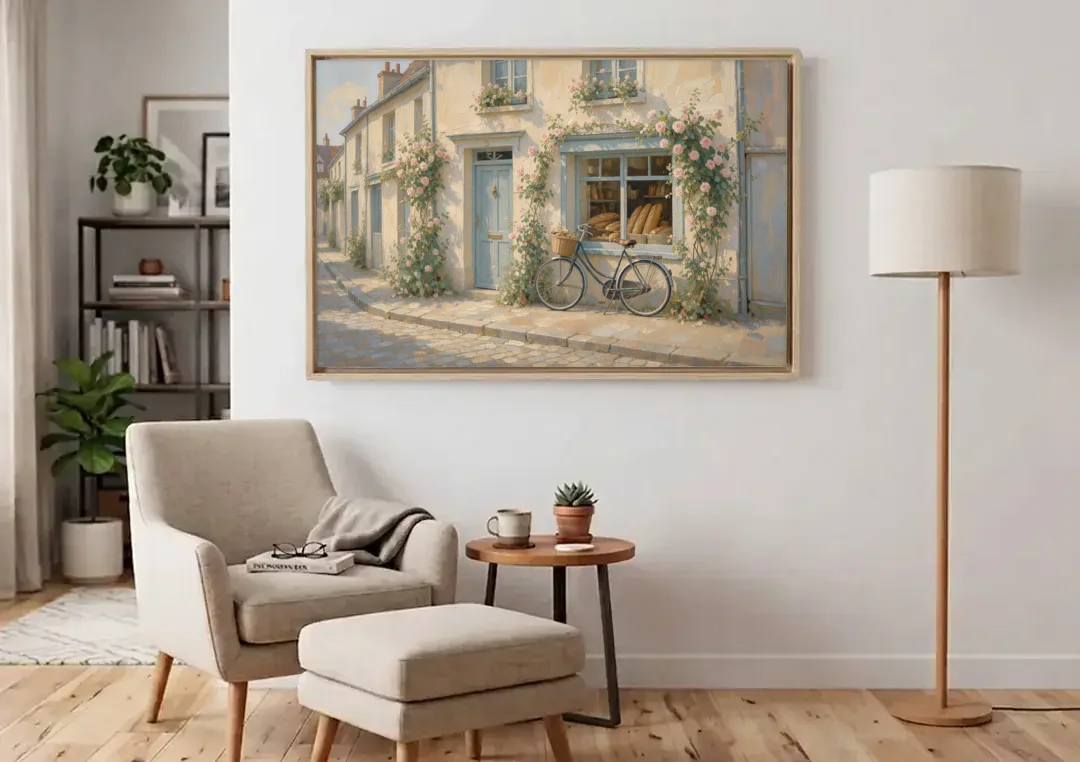 Bakery Painting with Roses and Vintage Bicycle canvas wall art above an armchair in a bright living room