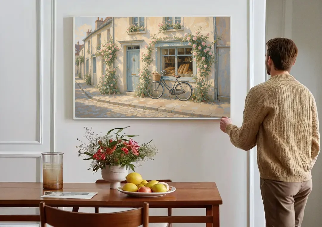 Bakery Painting with Roses and Vintage Bicycle canvas wall art above a dining table