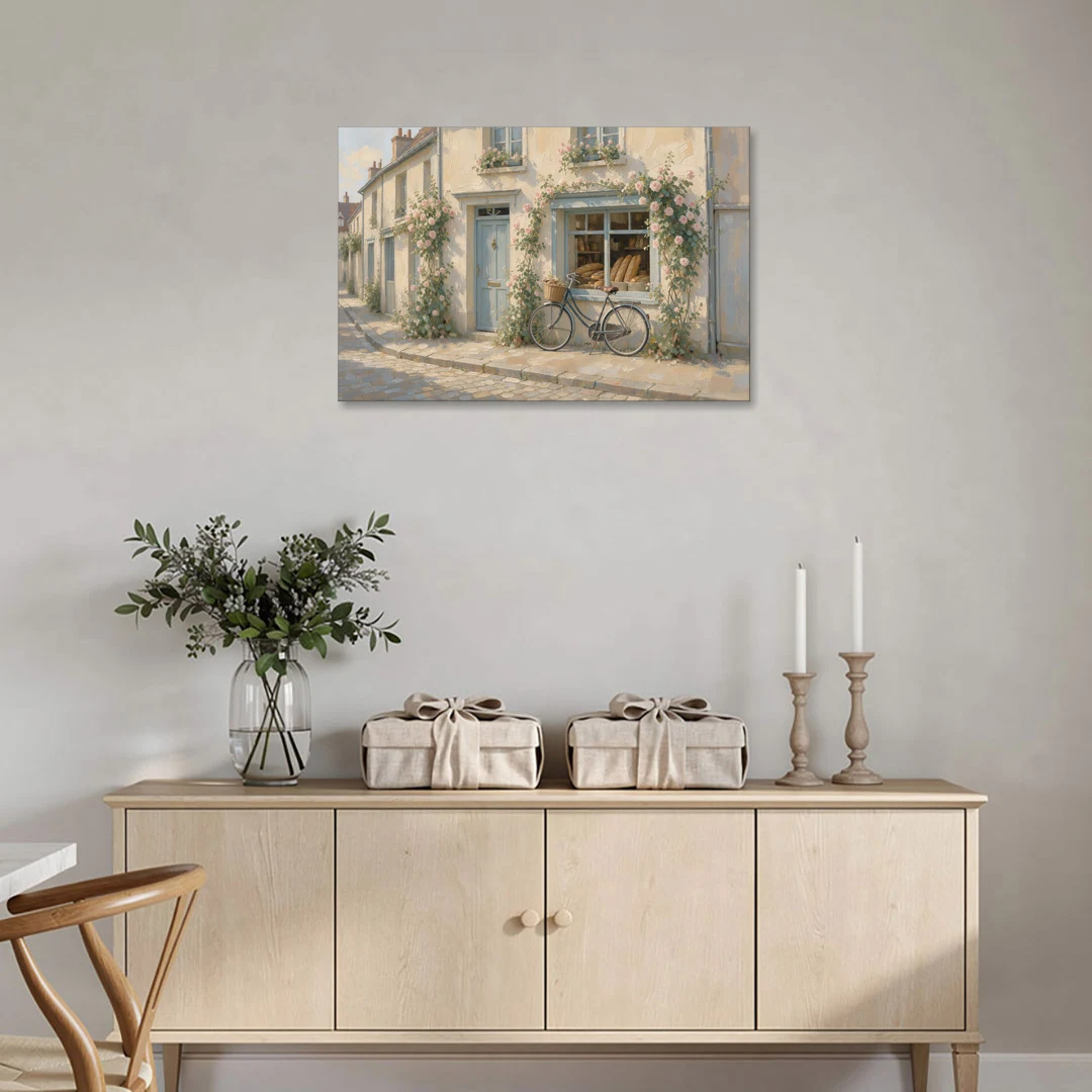 Bakery Painting with Roses and Vintage Bicycle - Canvas Wall Art - Coffee Table - 36x24