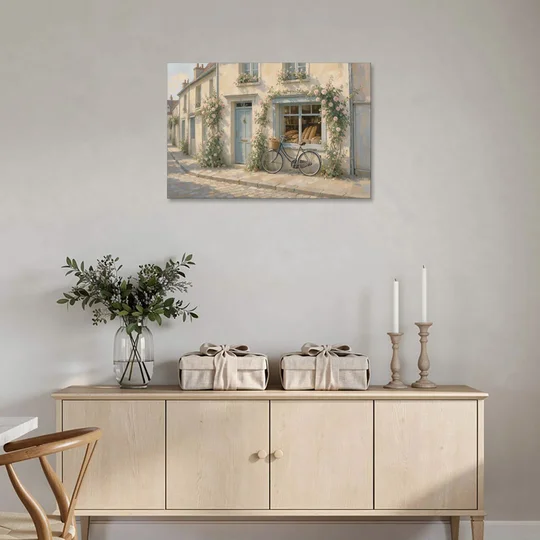Bakery Painting with Roses and Vintage Bicycle - Canvas Wall Art - Coffee Table - 36x24