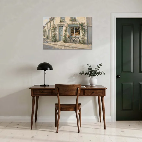 Bakery Painting with Roses and Vintage Bicycle - Canvas Wall Art - Office - 36x24
