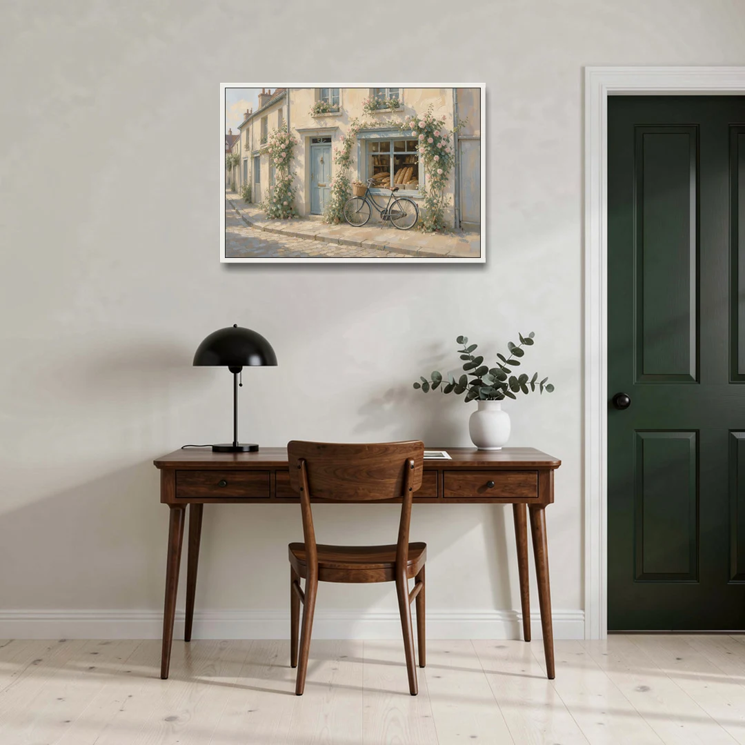Bakery Painting with Roses and Vintage Bicycle - White Framed Canvas Wall Art - Office - 36x24
