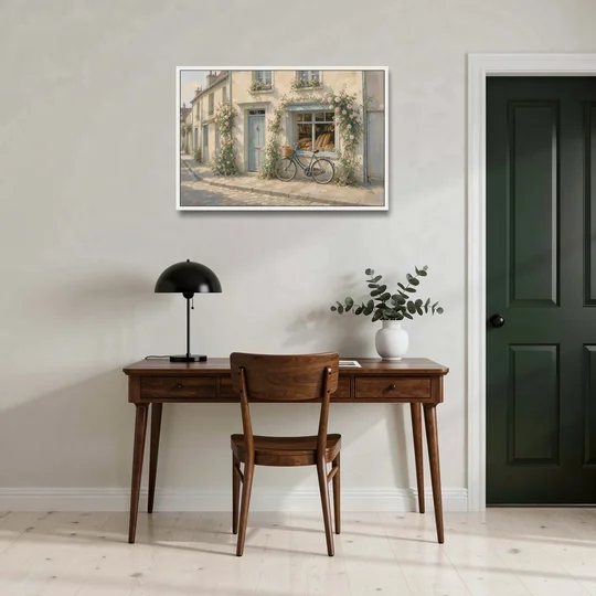 Bakery Painting with Roses and Vintage Bicycle - White Framed Canvas Wall Art - Office - 36x24