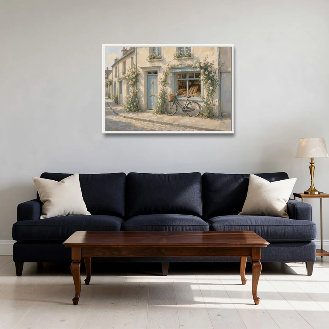 Bakery Painting with Roses and Vintage Bicycle - White Framed Canvas Wall Art - Sofa - 36x24