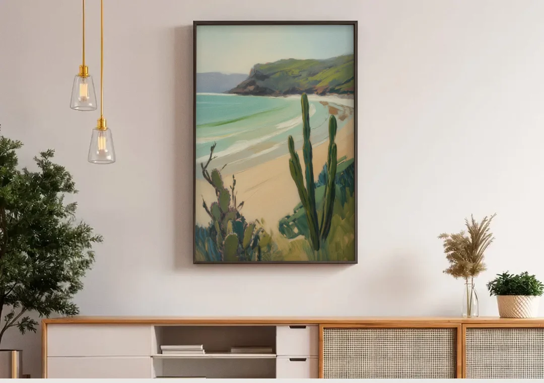 Balandra Beach Bay canvas wall art above a wooden sideboard under pendant lights