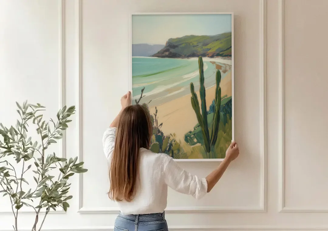 Balandra Beach Bay canvas wall art being hung on a paneled wall