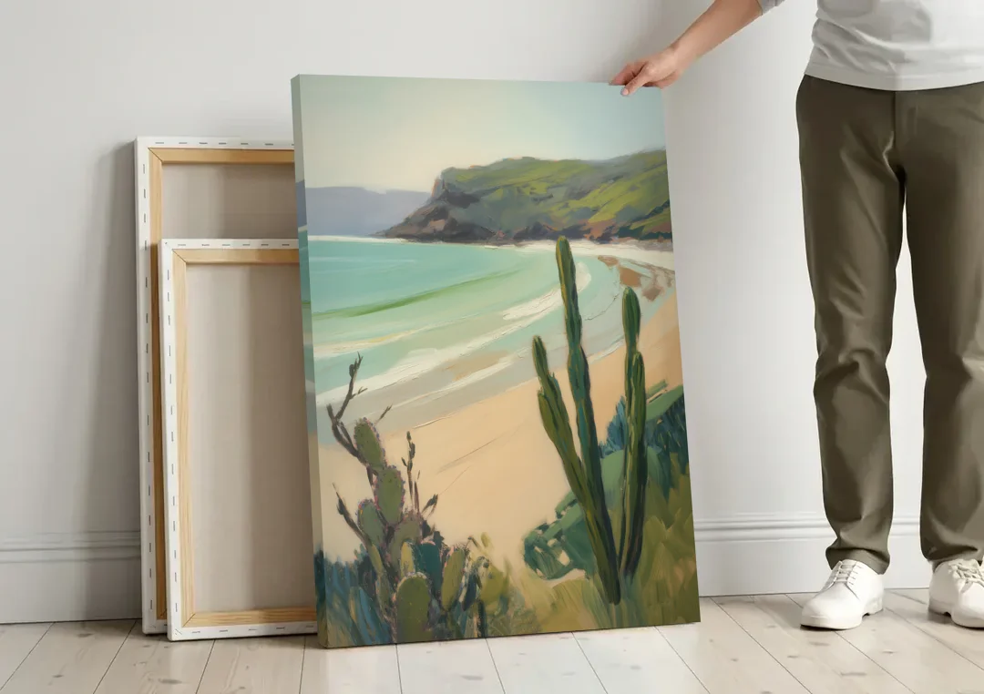 Balandra Beach Bay canvas wall art leaning against a wall next to blank canvases
