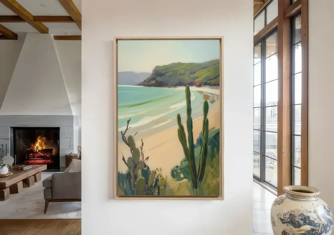 Balandra Beach Bay canvas wall art in a living room with a fireplace