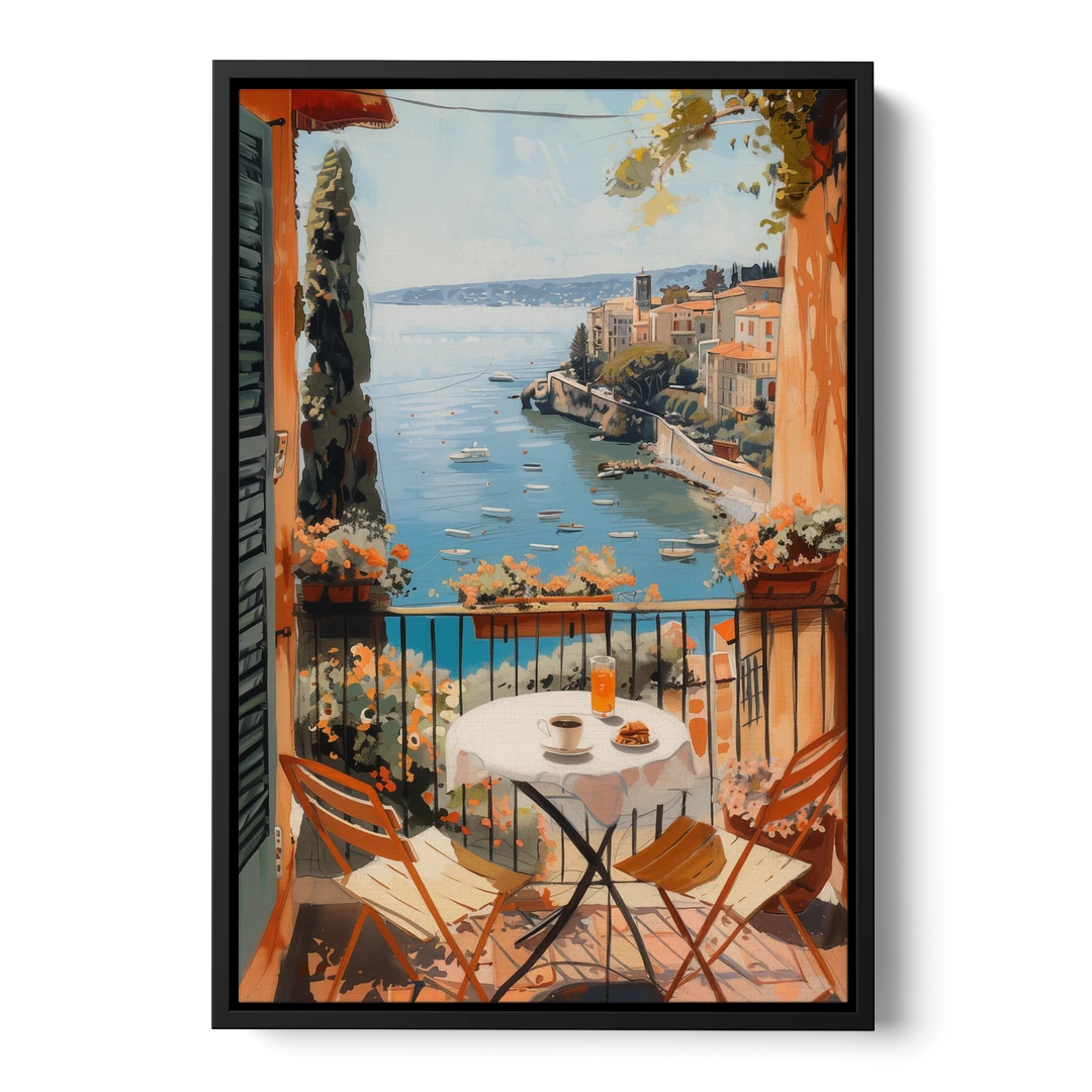Balcony Painting Over an Italian Bay - Black Framed Canvas Wall Art - Front